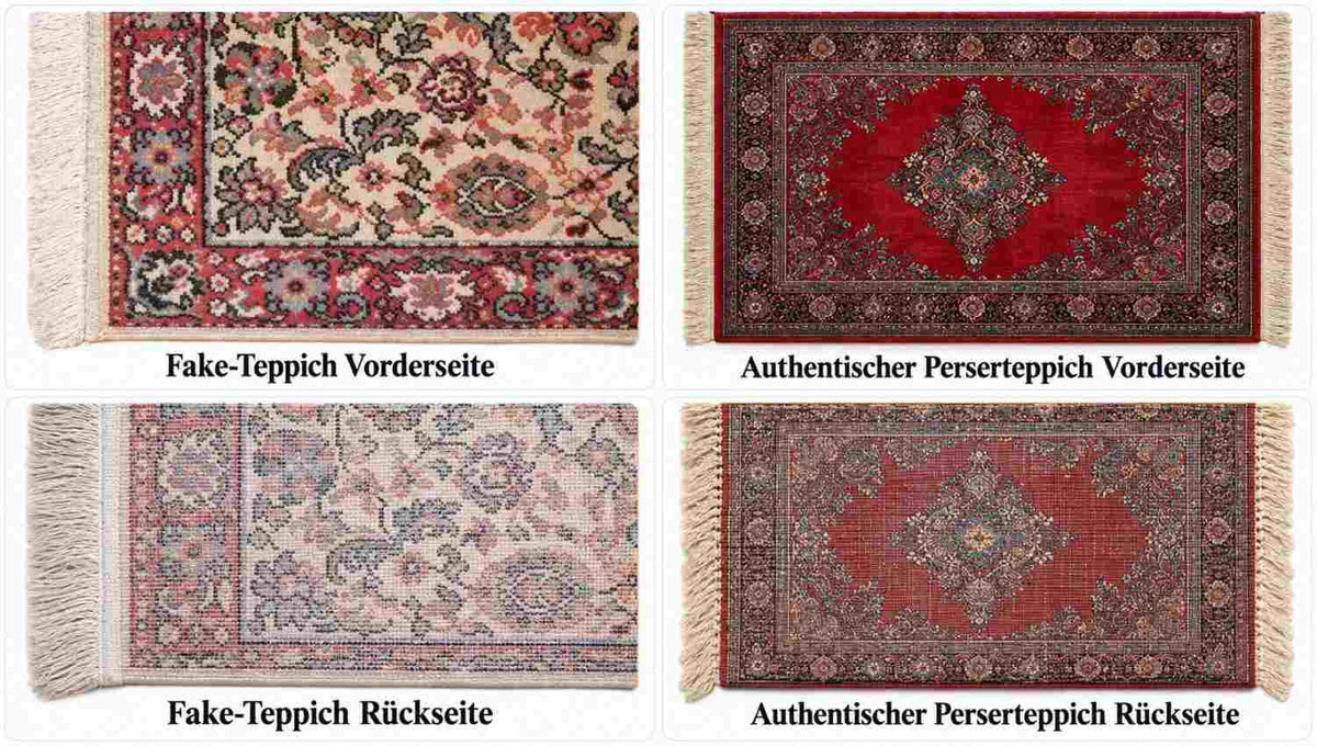 Vergleich von Fake-Teppich und authentischem Perserteppich anhand von Vorder- und Rückseite zur Erkennung von Echtheit und Qualität